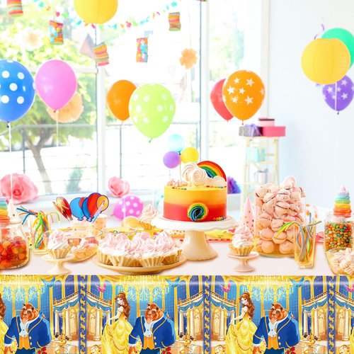 DoMiDoLa 2Pack Beauty and The Beast Tablecloth Disposable Tablecover Birthday Party Supplies and Decorations for Kid Boy Baby Shower Princess Tables 70"X42"