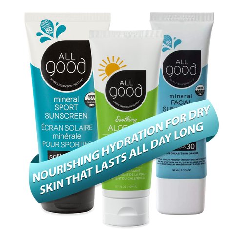 All Good Sport Mineral Sunscreen, Aloe Gel & Facial Sunscreen Bundle - UVA/UVB Broad Spectrum SPF 30+, Water Resistant - Includes (2) SPF 30 Sport Sunscreen, (1) Aloe Gel & (1) SPF 30 Facial Sunscreen