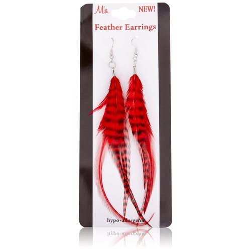 Mia Feather Earrings-Red Color-3 Natural Feathers Per Earring-Each Feather Measures Approximately 5" Long-For Pierced Ears (1 set)