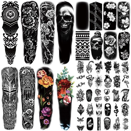 Temporary Tattoo for Men Women, 8 Full Arm Fake Tattoos, 8 Half Arm Flowers Tattoos, Black 30 Tin...