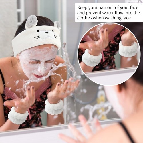 AHONEY Face Wash Headband and Wristband Set, Cute Makeup Spa Skincare Headbands Wrist Bands for Washing Face Headband for Women Girls Elastic Hair Band (White&Khaki)