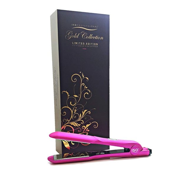 ISO Beauty Gold Collection Metallic Color 1.5 Inch Floating Plates Flat Iron Hair Straightener with Adjustable Auto Power Off, Smart Memory, Temp Control & LCD Display (Pink)