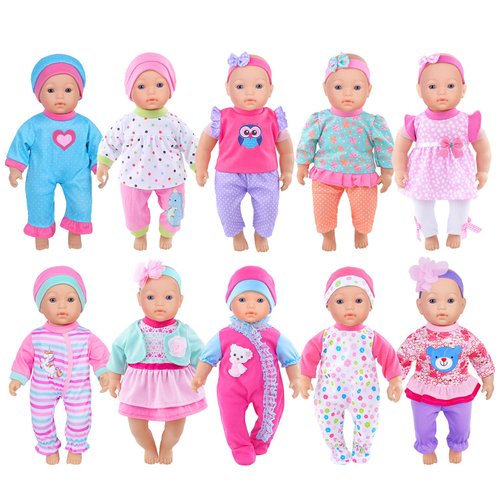 10 Sets Baby Doll Playtime Outfits Clothes Hat Headband Fits for 10 Inch Baby Dolls 12 Inch New Born Baby/Alive Baby Dolls 14 inch Dolls (No Doll)