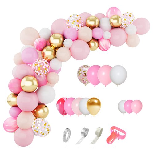 Amandir 144Pcs Pink Balloons Garland Arch Kit Light Pink Gold White Balloons Confetti Latex Metallic Balloons for Girl Birthday Valentines Day Baby Shower Wedding Party Decorations Supplies