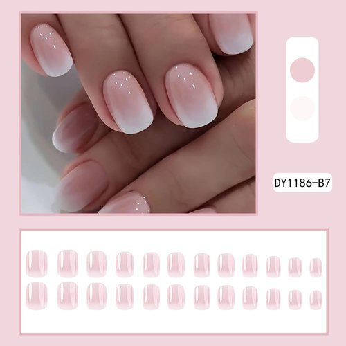Short Press on Nails Square Fake Nails Pink Gradient False Nails with Ombre Design Stick on Nails White Tip Artificial Nails Full Cover Glue on Nails for Women Girls Manicure Set 24Pcs