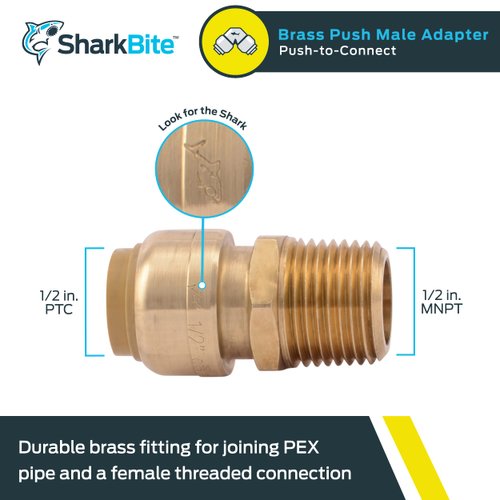 SharkBite 1/2 Inch MNPT Adapter, Push to Connect Brass Plumbing Fitting, PEX Pipe, Copper, CPVC, PE-RT, HDPE, U120LFA, Brass