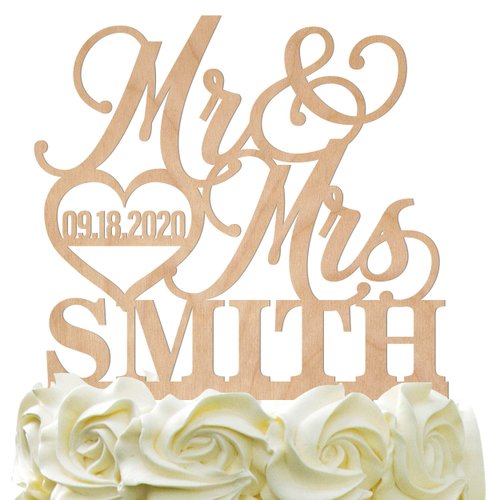 Personalized Wedding Cake Topper - Wedding Cake Decoration, Elegant Customized Mr Mrs Wedding Cake Topper, Last Name & Date w/Heart - Wood Colors