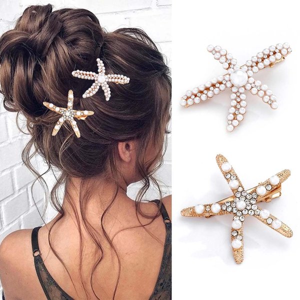 BARTOSI Starfish Hair Clips Gold Pearl Hair Barrettes Mermaid Hair Pieces Hair Accessories for Women and Girls (Pack of 2)