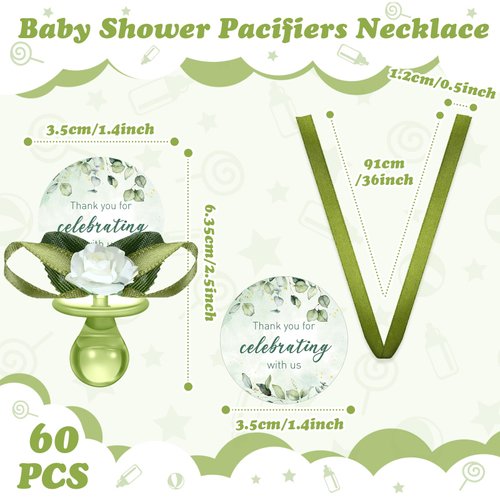 Coume 60 Pcs Sage Green Baby Shower Favors Thank You Gift Bulk Acrylic Baby Shower Pacifier Necklace with Thank You Cards for Guests Prizes Baby Shower Games Favors