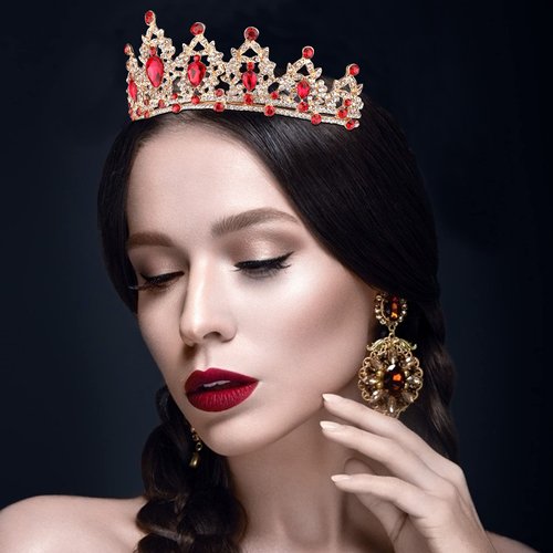 CAVETEE Gold Baroque Queen Crown for Women Birthday Tiara Luxurious Red Rhinestones Crown Wedding Bridal Crown Birthday Party Headbands Princess Party Prom Gold Tiaras and Crowns for Women Girls