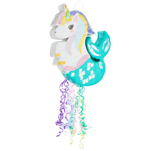 BLUE PANDA Unicorn Mermaid Pinata - Pull String Pinata for Girls Under the Sea Party Decorations, Rainbow Birthday (Small, 16.5x13x3 In)