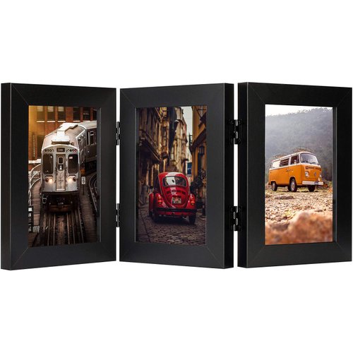 Frametory, 4x6 Triple Picture Frames Hinged 3 Photos Frame Collage, Three Picture Frames Multiple Desk Frame with Glass (Black, 1 Pack)