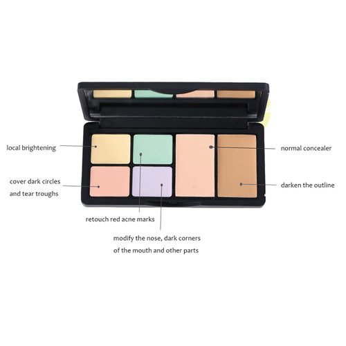 Concealer Contour Palette, 6 In 1 Color Correcting Concealer Contour Makeup Palette, Contouring Foundation Highlighting Makeup Kit for Dark Circles, Blemish With 2 Packs Brush (1#)