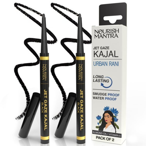 NOURISH MANTRA Jet Gaze Kajal Urban Rani - Combo - Black & Black 0.35g/ with Almond Oil, Argan Oil & Vitamin E/Intense Pigmentation/Smudge Proof/Water Proof/Long Lasting