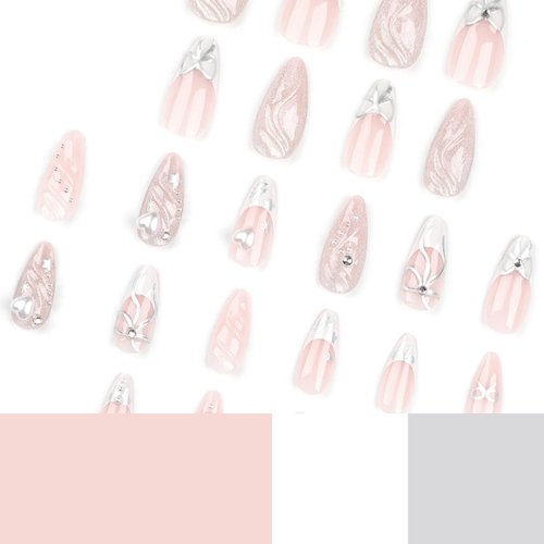 24Pcs French Tip Press on Nails Medium Almond GRITOSE Acrylic Fake Nails with 3D Bow Heart Charms Designs Stiletto Nail Tips Cute Nude Pink False Nails Full Cover Stick on Nails for Women Girls