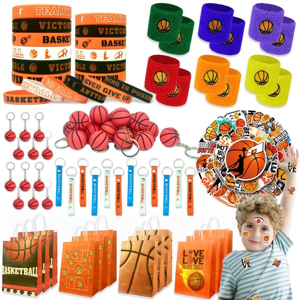 VAMWOGO Basketball Party Favors 110Pcs Basketball Themed Birthday Party Supplies Wristbands Basketball Keychains Bracelets Bags Stickers Pinata Filler