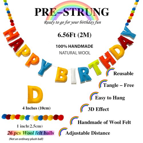 Meygajoe Pre-Strung Happy Birthday Banner - Rainbow Happy Birthday Garland - Natural Handmade Wool Letters & Balls, Reusable Birthday Party Decorations & Party Supplies,Ready-to-Hang - 6Ft
