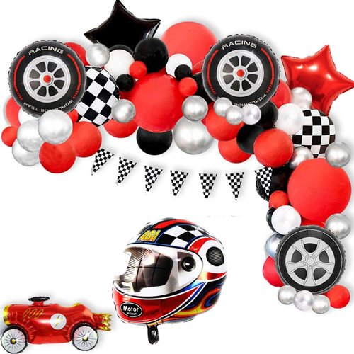Race Car Helmet Balloons, Wheels Tire Birthday Party Supplies, Black and White Foil Checkered Balloons, Boys Bicycle Motorcycle Truck Theme Party Decorations 7 Pcs