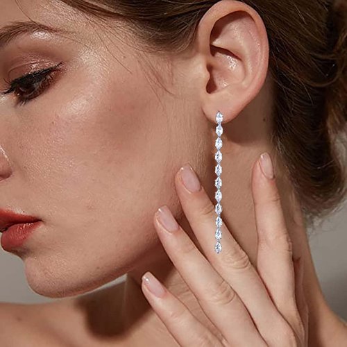 Yheakne Vintage Rhinestone Chain Drop Earrings Silver Linear Crystal Earrings Sparkle Cz Tassel Earrings Long Cz Chain Stud Earrings Thin Chandelier Earrings Jewelry for Women and Girls (Oval crystal)