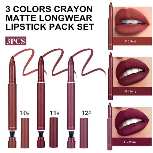 3 Colors Matt Nude Lipstick Lipliner Lip Crayons Pack Set,Velvet Moisture Smooth Matte Lipstick Pencils,Waterproof&Waterlasting,10#11#12#