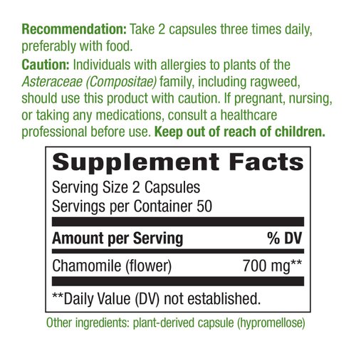 Nature's Way Chamomile Flower - 700 mg per 2-Capsule Serving- Traditional Calming Aid* - Herbal Supplement - Non-GMO Project Verified & Gluten Free - 100 Vegan Capsules