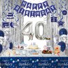 40th Birthday Decorations for Men, Blue and Silver 40th Birthday Party Decorations for Him, Happy Birthday Banner 40th Birthday Balloons Tablecloth Fringe Curtains Hanging Swirls Bday Party Supplies