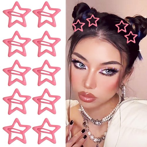 Paderison 10Pcs Pink Star Hair Clips for Girls Kawaii Hair Accessories for Women Y2k Snap Star Hair Barrettes Non Slip Star Clips for Kids Metal Star Hair Clips Y2K 2000s Rave Accessories