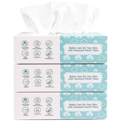 HOMEXCEL Soft Dry Wipe 3 Pack, Unscented Facial Tissues 100% Biodegradable, Disposable Face Towels, Dry and Wet Use for Baby Adult Sensitive Skin, Make-up Wipes, Facial Washcloth（300 Count）