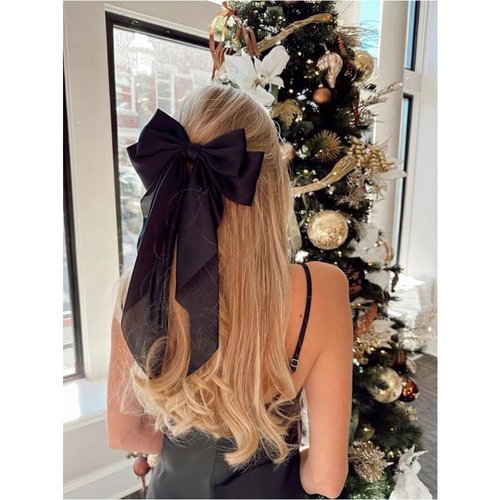 3 Pcs Silky Satin Hair Bows,Red White Black Hair Clips for Women Ponytail Holder Accessories