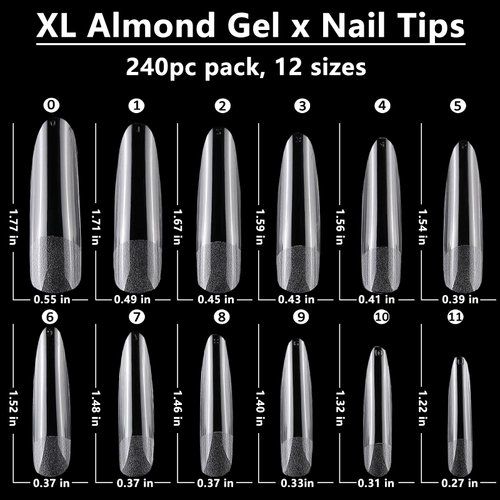 LuckForever 240pc XL Almond Gel X Nail Tips Clear Fake Nails Extra Long Almond Nail Tips Full Cover Artificial Fingernails XL Soft Gel False Nail Tips for Acrylic Nail Extension Press on Nail Making