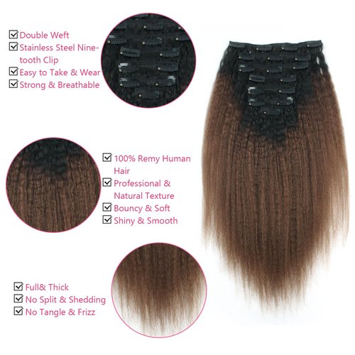 MIMIESEAT Ombre Kinky Straight Clip for Black Women Human Hair Kinky Straight Hair Clip in Extensions Natural Color to Dark Brown 120 Grams 7 Pcs with 17 Clips 16 Inch