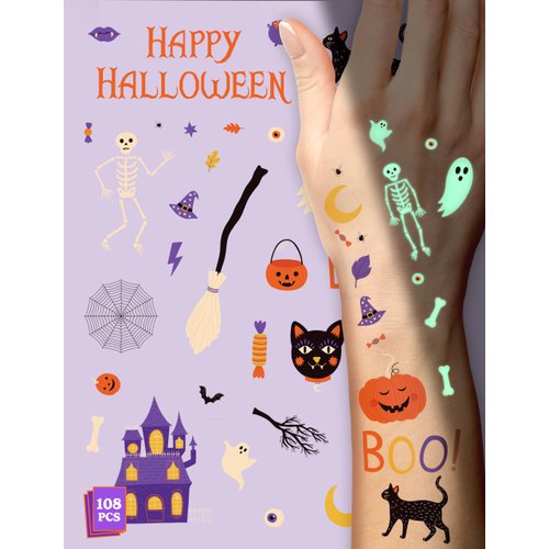 HOUSE OF PARTY Halloween Temporary Tattoos for Kids - Pack of 108 - Glow in the Dark Tattoos - Non-Toxic Waterproof Stickers for Boys and Girls - Ideal for Halloween Party Favors and Decorations!