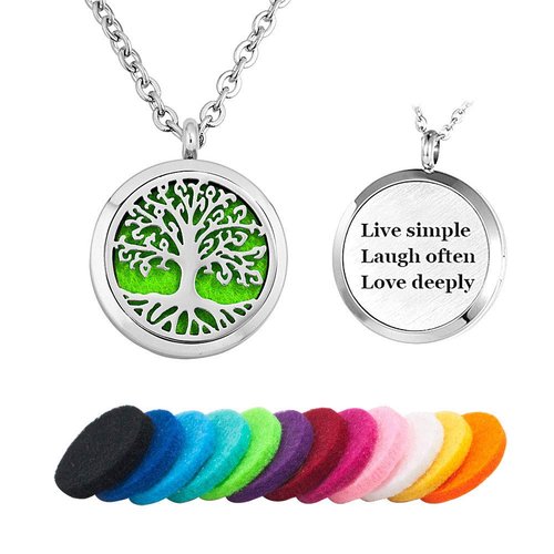 Korliya Live Simple Laugh Often Love Deeply Aromatherapy Essential Oil Diffuser Necklace Pendant Engraved Locket Jewelry Stainless Steel Perfume Necklace with Chain Pads (Tree of Life)