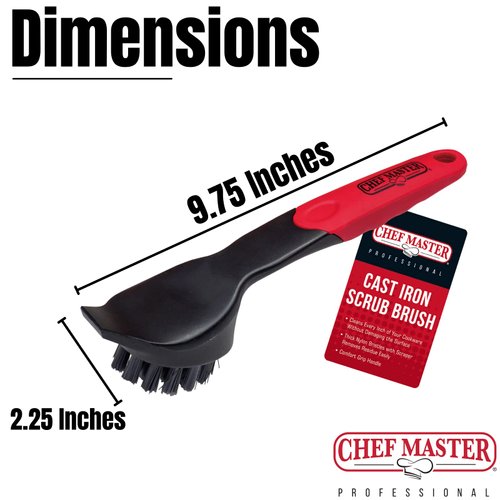 Chef Master 90058 Cast Iron Scrub Brush | Comfortable Plastic Grip | Quality Nylon Scraper and Bristles | Does not Damage Cast Iron | Use on Cast Iron Skillets | Easily Cleans Old Food and Buildup