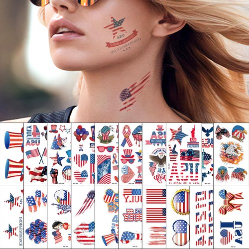 4th of July Temporary Tattoos for Adult 20 Sheets, USA Independence Day Waterproof Fake Tattoo Fourth Patriotic Body Sleeve Face American Flag Star Red White Blue Women Men Art Decoration Stickers