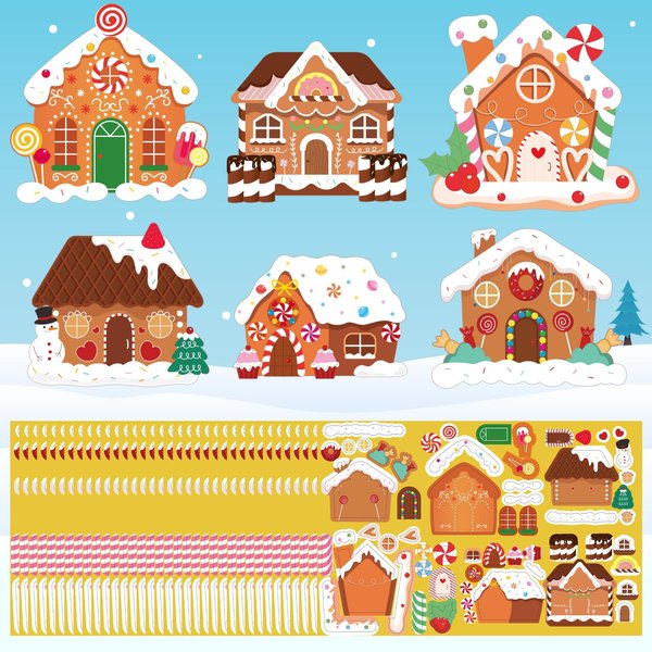 Make a Gingerbread House Stickers - 204Pcs DIY Christmas Stickers for Kids Toddlers Art Craft for Xmas Holiday Party Supply Water Bottle Envelopes Decor