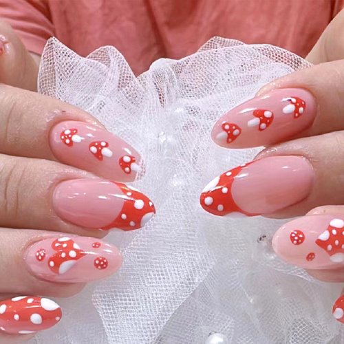 Valentine'S Day Press on Nails Medium Length Almond Fake Nails with Cute Mushroom Heart Designs Red French Tip Glue on Nails Valentines Day Nails Press ons Nude Full Cover False Nails for Women 24 Pcs
