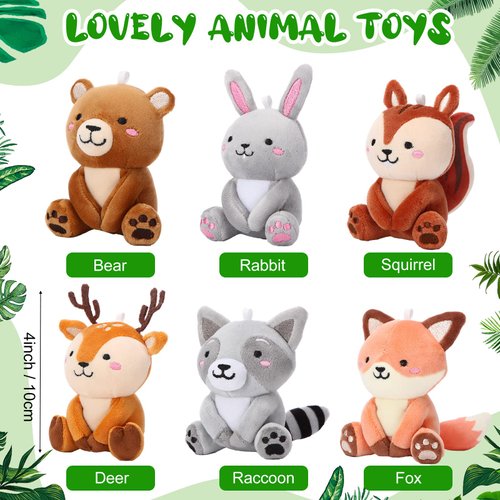 Aoriher 6 Pcs Christmas Mini Woodland Animals Plush Toys Bulk Gift4 Inch Cute Plush Bear Rabbit Squirrel Raccoon Stuffed Keychain for Baby Shower Birthday Party Table Centerpiece Decor(Regular Style)