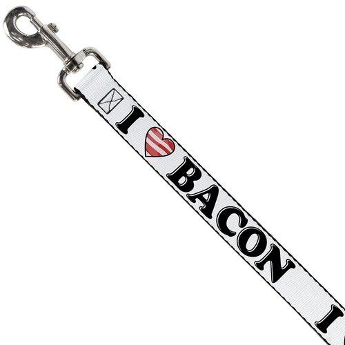 Dog Leash I Heart Bacon White Black Bacon 6 Feet Long 1.0 Inch Wide