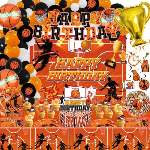 196Pcs Basketball Theme Birthday Party Decorations Basketball Party Supplies Set Include Balloon Kit, Plates, Napkin, Cup, Fork, Knives, Spoon, Tablecloth, Banner for Kids and Adults, Serves 10 Guests