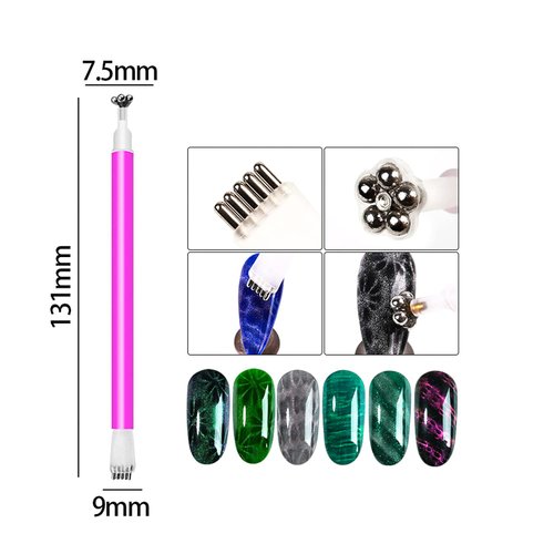 JERCLITY 5 Pieces Nail Magnet Stick Cat Eye Magnet Tool Double-Headed Flower Design Nail Art Magnet Pen Set Magnet Wand Strong Magnet Stick Dotting Pens for Home DIY, Salon, Studio