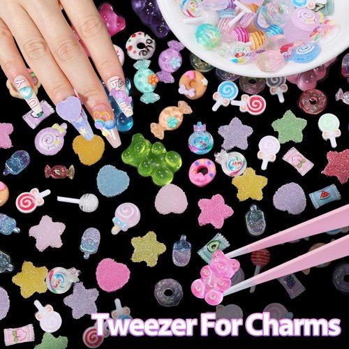 3D Candy Nail Charms for Acrylic Nails, Multi Color Lollipop Donuts Bears Sweet Cute Nail Charms, Star Heart Gummy Candy Jewelry Nail Charms for Nail Art DIY Decorations Design