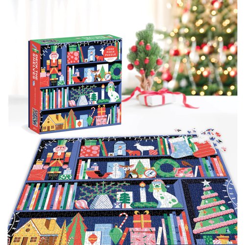 Galison Deck The Shelves – 1000 Piece Puzzle Fun and Challenging Activity with Bright and Bold Artwork of A Christmas Holiday Shelf for Adults and Families
