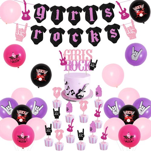 Rock Baby Shower Decorations for Girls, Music Theme Baby Shower Party Supplies with Girls Rocks B...