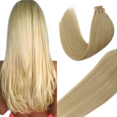 Tape in Hair Extensions Real Human Hair 20 Pieces Double Sided Tape in Hair Seamless Skin Weft Hair Extensions Bleach Blonde Straight 613 Remy Glue in Hair Extensions 16 Inch 30Gram for Women