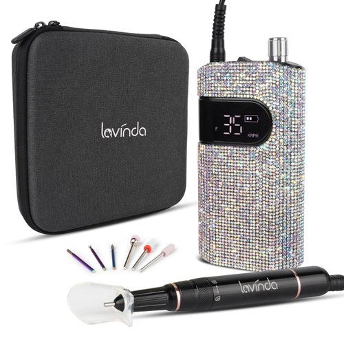 Professional Rechargeable Nail Drill Machine, Lavinda Diamond 35000RPM Electric Nail File Cordless Portable Nail Drill with Coreless Motor for Acrylic Nails, Manicure Pedicure Tool, Crystal Diamond