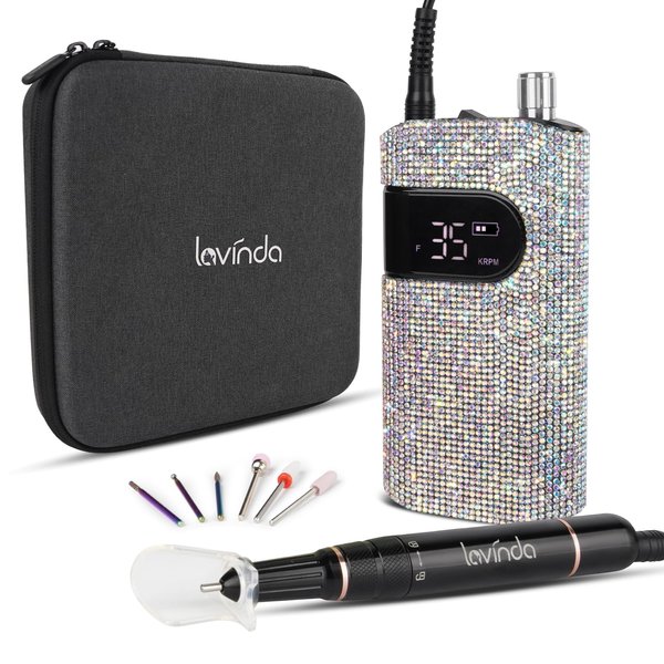 Professional Rechargeable Nail Drill Machine, Lavinda Diamond 35000RPM Electric Nail File Cordless Portable Nail Drill with Coreless Motor for Acrylic Nails, Manicure Pedicure Tool, Crystal Diamond