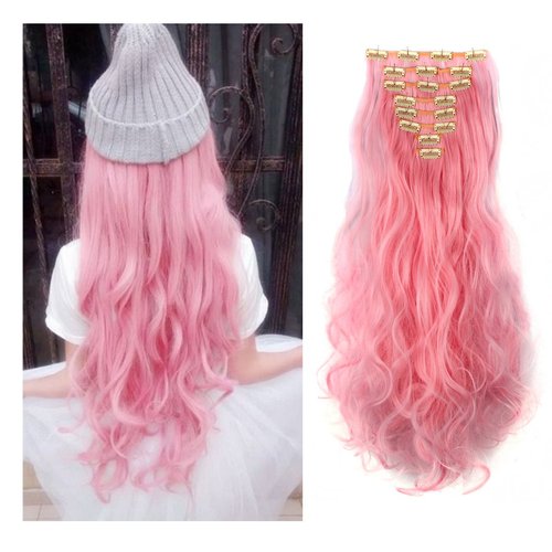 Womens 18 Clips 8pcs Full Head Hair Extensions 24 Inch Long Curly Light Pink Hairpiece