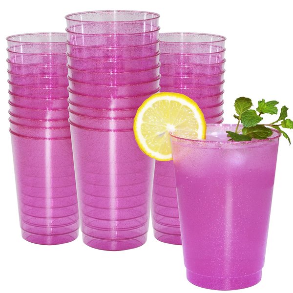 Homy Feel 12 Oz Pink Glitter Plastic Cups 50PCS,Disposable Cocktail Cups,Plastic Wine,Plastic Cups,Drink Cups for Wedding Party, Valentine's Day Supplies