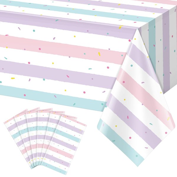 6 Pack Sprinkle Ice Cream Tablecloth Party Decorations, Ice Cream Birthday Plastic Party Supplies, Donut Disposable Rectangle Table Cover for Kids Girls Sweet One Birthday Baby Shower, 54 x 108 Inch